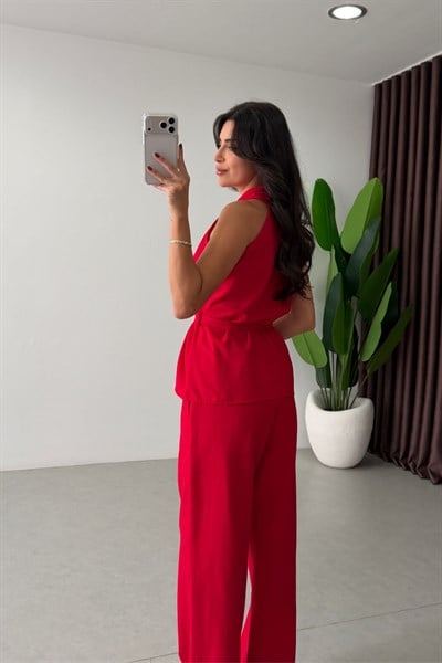 Boho Kırmızı Kuşaklı Kruvaze Keten Takım