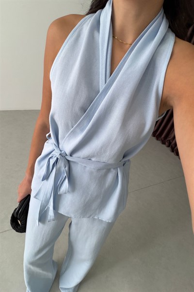 Boho Mavi Kuşaklı Kruvaze Keten Takım