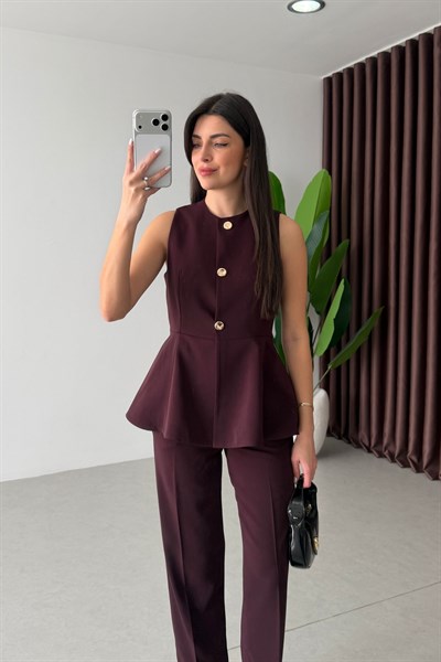 Bold Mürdüm Volanlı Yelek Pantolon Takım