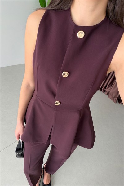 Bold Mürdüm Volanlı Yelek Pantolon Takım