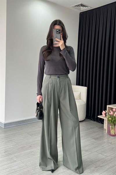 Bona Çift Piliseli Mint Yeşili Palazzo Pantolon