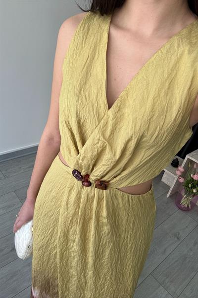 Boncuk Detay V Yaka Dokulu Sarı Elbise