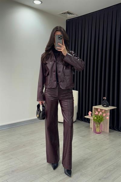 Bordo Deri Ceket Pantolon Takım