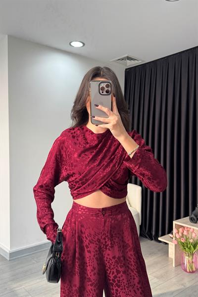 Bordo Desenli Saten Dokulu Takım