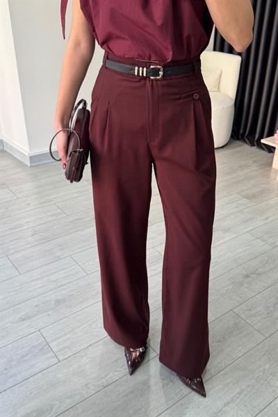 Bordo Pilise Detay Kumaş Pantolon