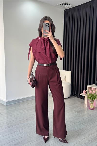 Bordo Pilise Detay Kumaş Pantolon