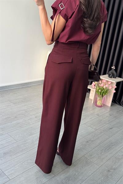 Bordo Pilise Detay Kumaş Pantolon