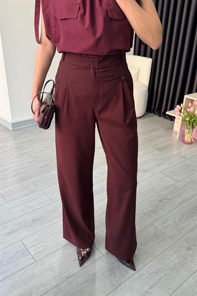 Bordo Pilise Detay Kumaş Pantolon