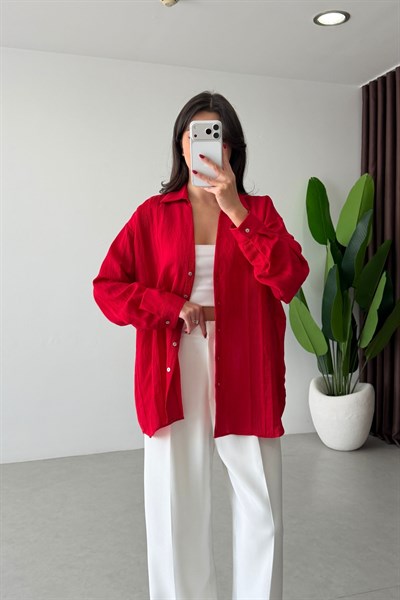 Bosy Kırmızı Dokulu Oversize Gömlek
