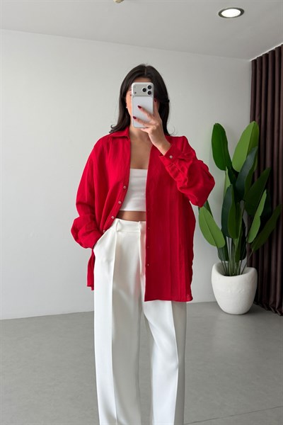 Bosy Kırmızı Dokulu Oversize Gömlek