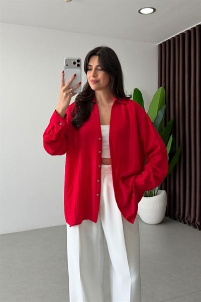 Bosy Kırmızı Dokulu Oversize Gömlek