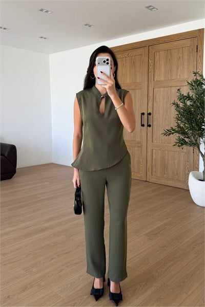 Breeze Haki Krep Kumaş Bluz Pantolon Takım