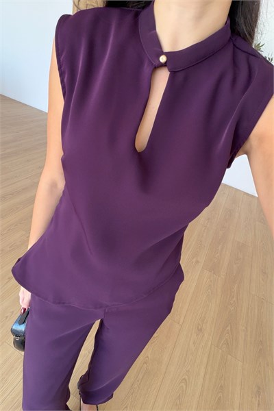 Breeze Mürdüm Krep Kumaş Bluz Pantolon Takım