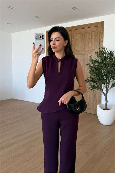 Breeze Mürdüm Krep Kumaş Bluz Pantolon Takım
