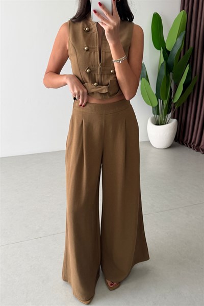 Galin Camel Gold Düğmeli Keten Yelek Pantolon Takım