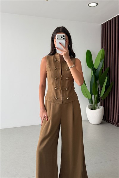 Galin Camel Gold Düğmeli Keten Yelek Pantolon Takım