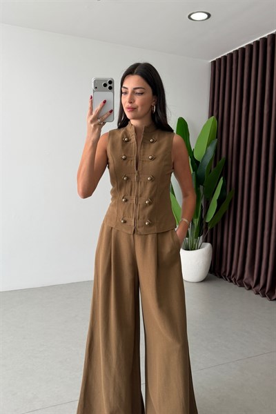 Galin Camel Gold Düğmeli Keten Yelek Pantolon Takım