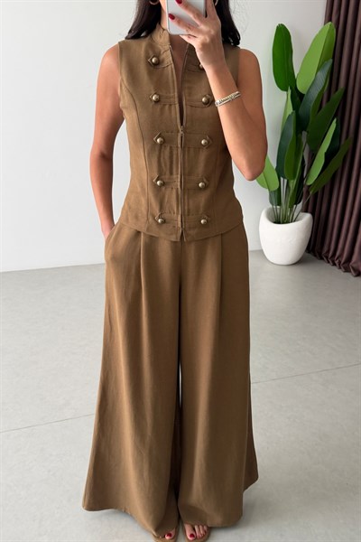 Galin Camel Gold Düğmeli Keten Yelek Pantolon Takım