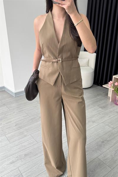 Camel Kemerli Yelek Pantolon Takım