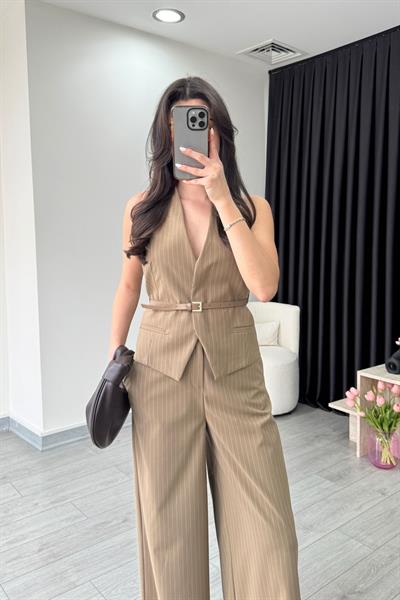 Camel Kemerli Yelek Pantolon Takım
