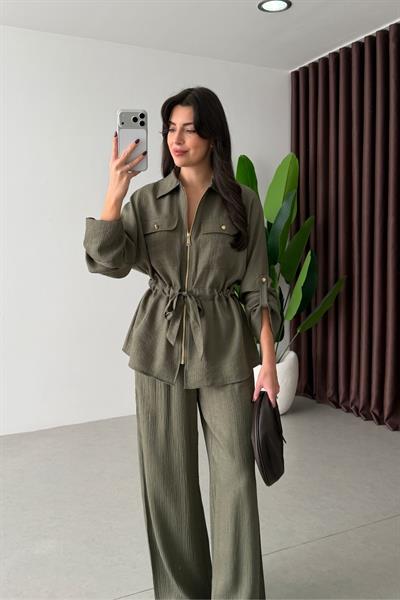 Carly Haki Bağlama Detay Pırıltılı Takım