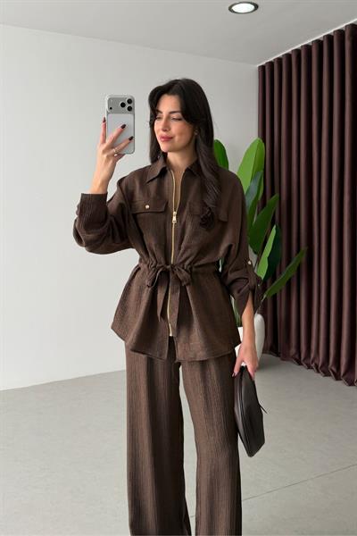 Carly Kahve Bağlama Detay Pırıltılı Takım