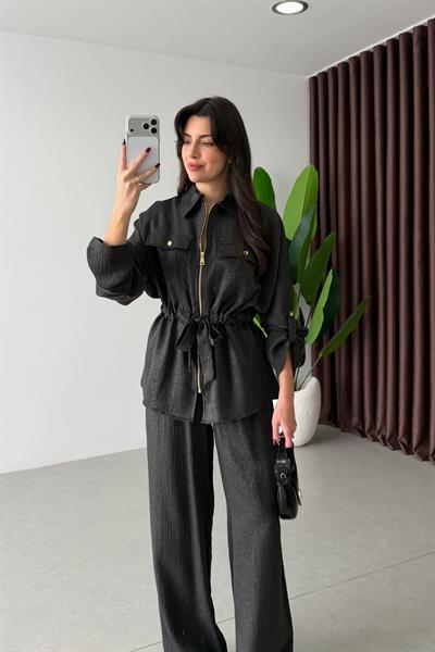 Carly Siyah Bağlama Detay Pırıltılı Takım