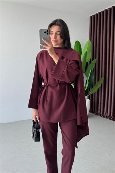 Celia Bordo Şal Yaka Bluz Pantolon Takım
