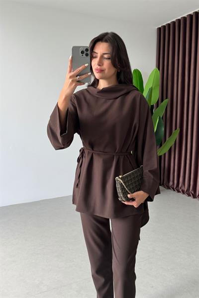 Celia Kahve Şal Yaka Bluz Pantolon Takım