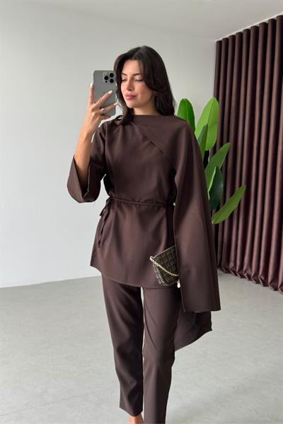 Celia Kahve Şal Yaka Bluz Pantolon Takım