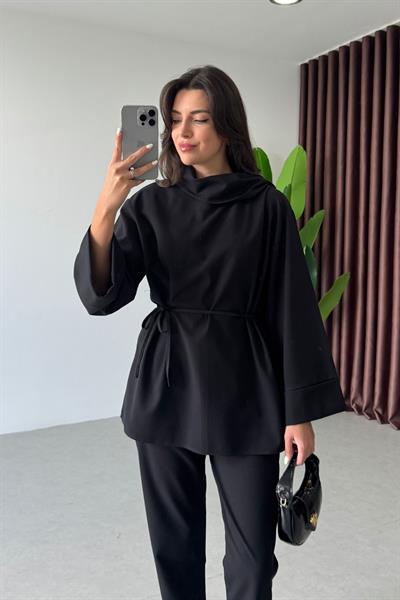 Celia Siyah Şal Yaka Bluz Pantolon Takım