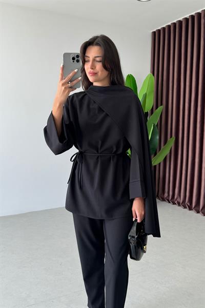 Celia Siyah Şal Yaka Bluz Pantolon Takım