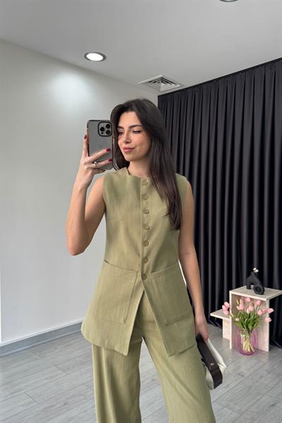 Cep Detay Haki Keten Yelek Pantolon Takım