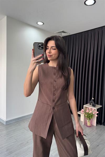 Cep Detay Kahve Keten Yelek Pantolon Takım
