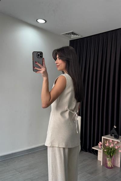 Cep Detay Natural Keten Yelek Pantolon Takım