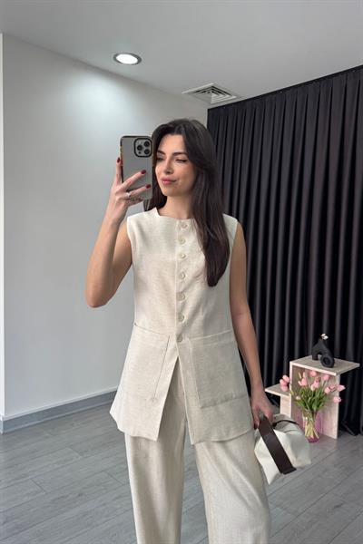 Cep Detay Natural Keten Yelek Pantolon Takım