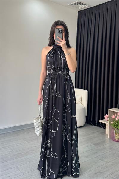 Çiçek Desenli Siyah Yırtmaç Detay Şifon Elbise