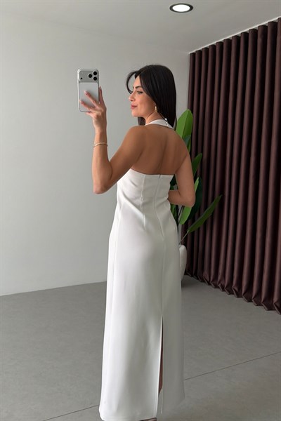 Cindy Ekru Boyundan Askılı  Midi Elbise