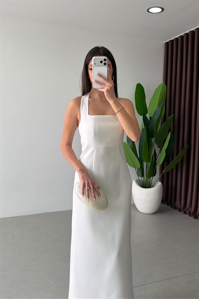 Cindy Ekru Boyundan Askılı  Midi Elbise