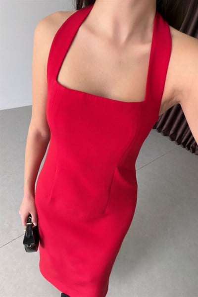 Cindy Kırmızı Boyundan Askılı Midi Elbise