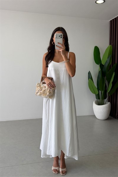 City Beyaz Askılı Maxi Elbise