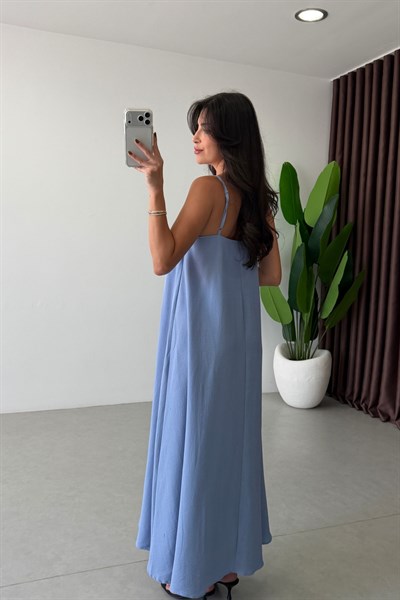 City Mavi Askılı Maxi Elbise