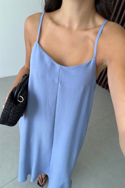 City Mavi Askılı Maxi Elbise