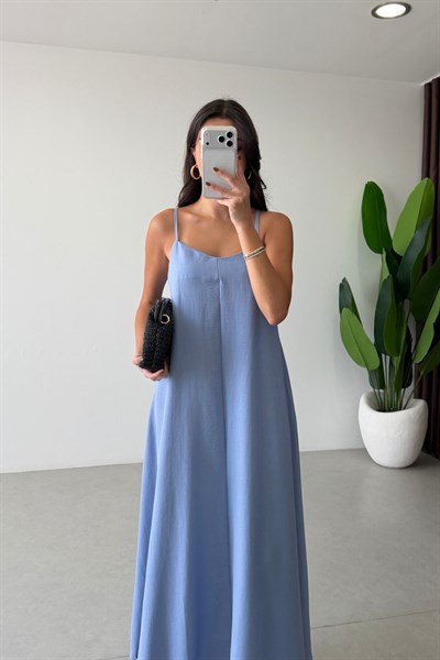 City Mavi Askılı Maxi Elbise