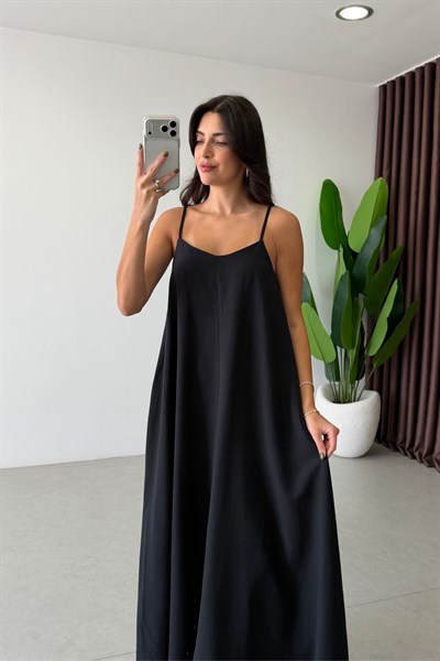 City Siyah Askılı Maxi Elbise