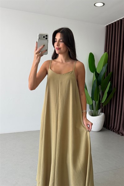 City Yağ Yeşili Askılı Maxi Elbise