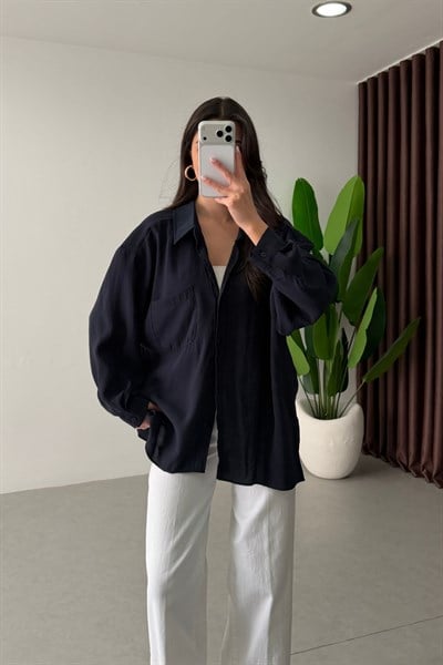 Core Lacivert Oversize Modal Gömlek 