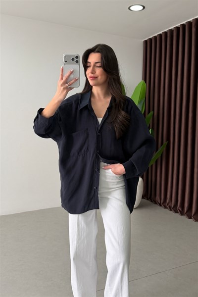 Core Lacivert Oversize Modal Gömlek 