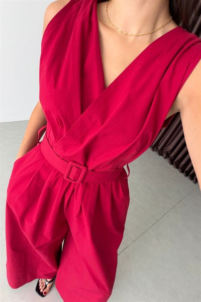 Cray Kırmızı Kruvaze Kemerli Poplin Tulum