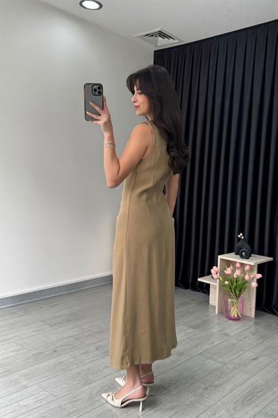 Daisy Toka Detay Drapeli Camel Elbise